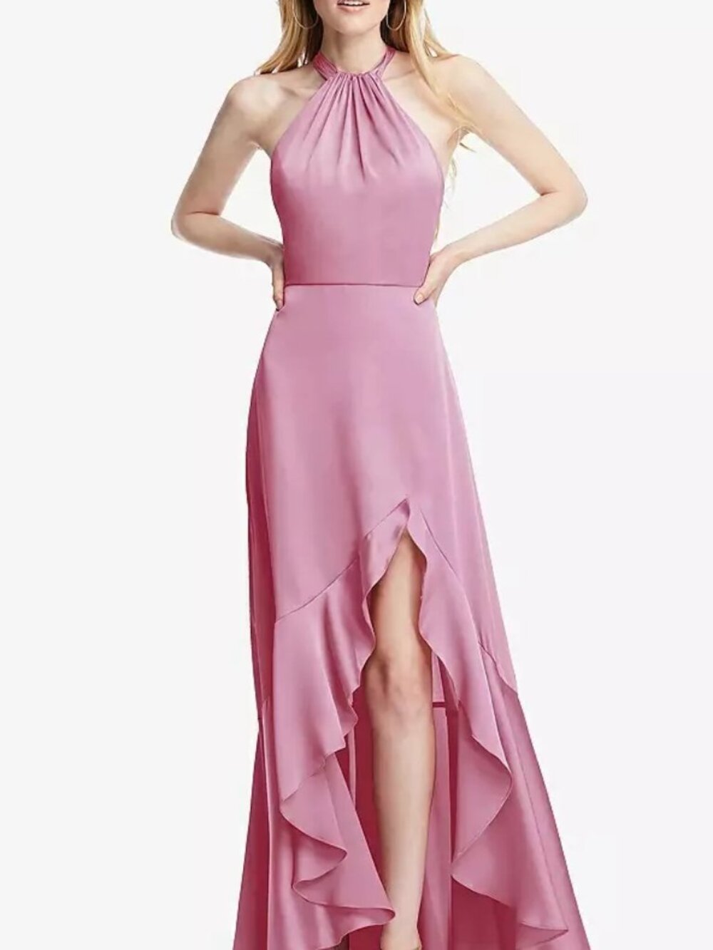 Dessy 8230..Tie Neck Halter Dress with Cascade Ruffle skirt...Powder Pink..Sz XS